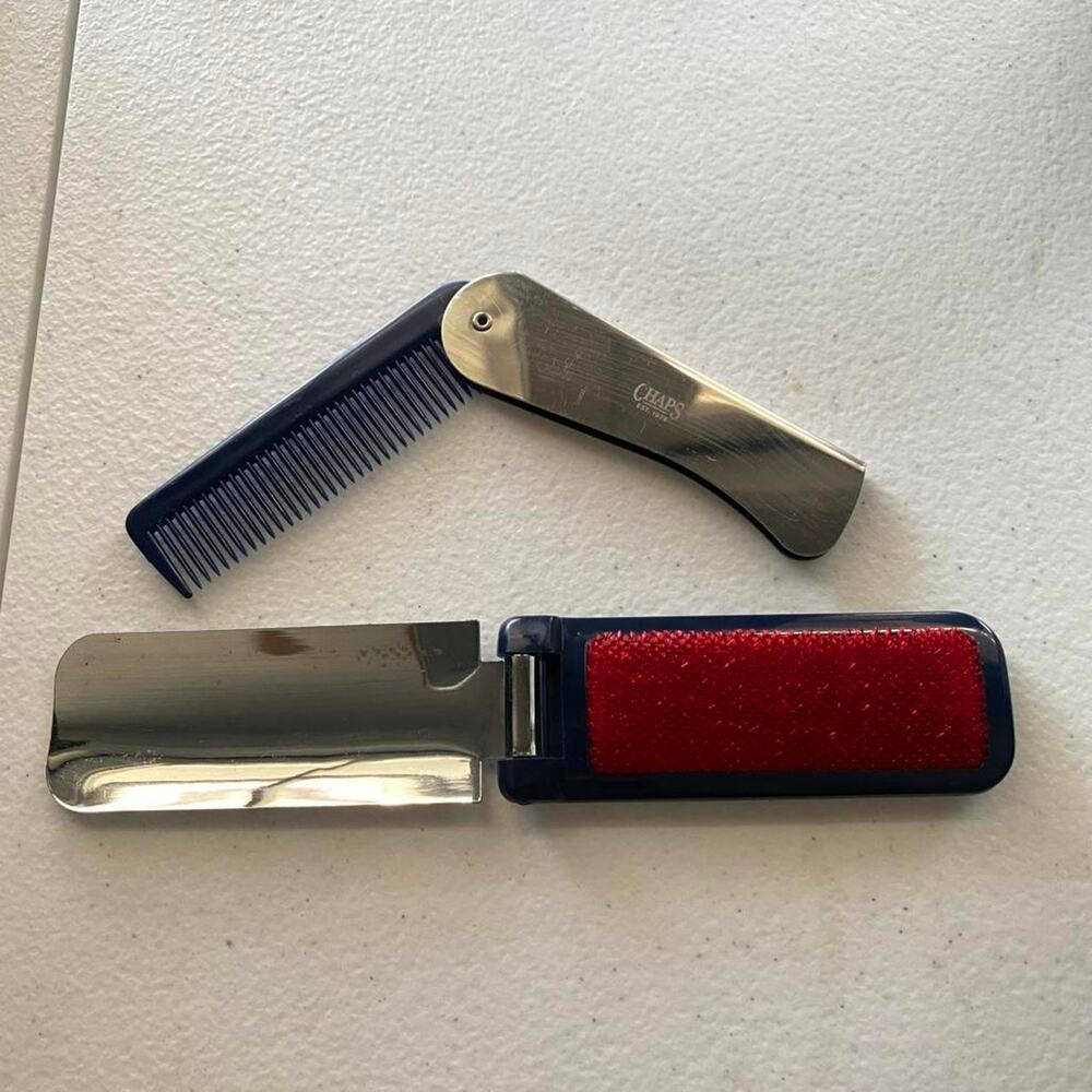 Vintage chaps silver folding comb and lint brush men's travel set